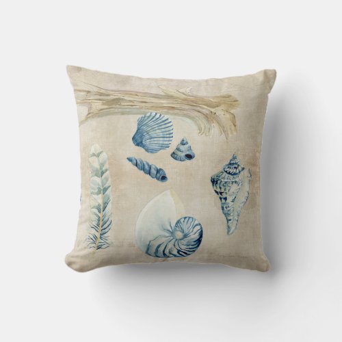 Indigo Ocean Beach Sketchbook Watercolor Shells Throw Pillow