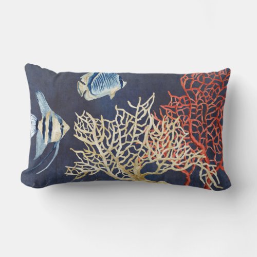 Indigo Ocean Beach Tropical Fish Watercolor Coral Lumbar Pillow