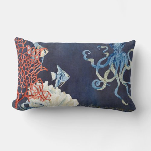 Indigo Ocean Beach Tropical Fish Watercolor Coral Lumbar Pillow