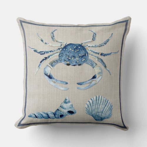 Indigo Ocean Blue Crab Turban Scallop Sea Shells Throw Pillow