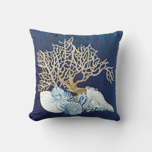 Indigo Ocean Coral Seashells Nautical Beach House Throw Pillow