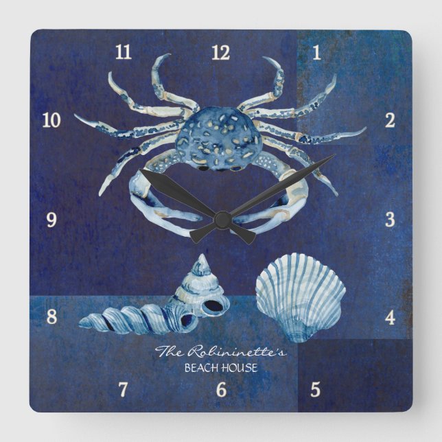 Indigo Ocean Crab Seashells Nautical Beach House Square Wall Clock (Front)