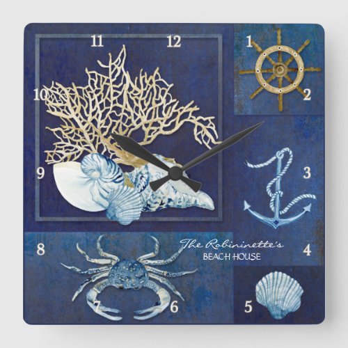 Indigo Ocean Nautical Beach House Coastal Seashore Square Wall Clock