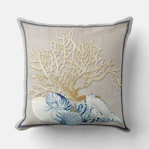Indigo Ocean Nautilus Conch Scallop Coral Shells Throw Pillow