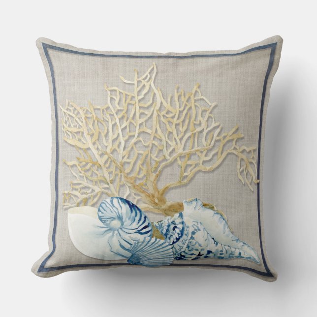 Indigo Ocean Nautilus Conch Scallop Coral Shells Throw Pillow (Front)