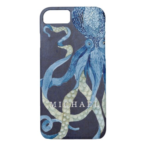 Indigo Ocean Octopus w Red Coral Watercolor Art iPhone 87 Case