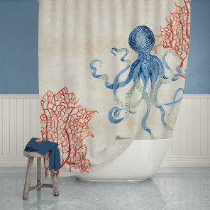 Indigo Ocean Parchment Red Fan Coral Blue Octopus Shower Curtain