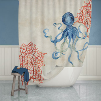 Indigo Ocean Parchment Red Fan Coral Blue Octopus Shower Curtain by AudreyJeanne at Zazzle