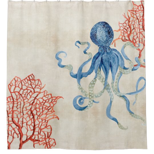 Indigo Ocean Parchment Red Fan Coral Blue Octopus Shower Curtain