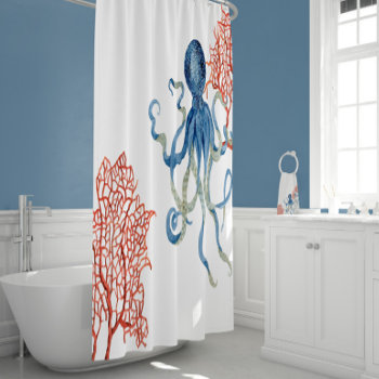 Indigo Ocean Red Fan Coral Blue Octopus Watercolor Shower Curtain by AudreyJeanne at Zazzle