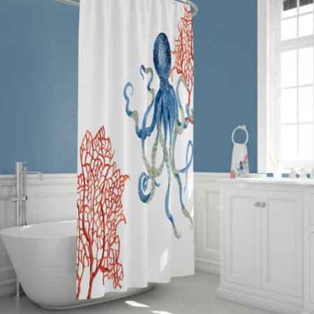 Indigo Ocean Red Fan Coral Blue Octopus Watercolor Shower Curtain