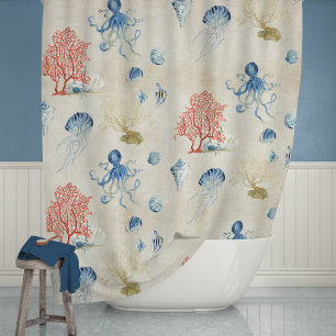 Indigo Ocean Red Fan Coral Jellyfish Octopus Shell Shower Curtain
