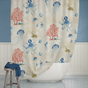 Indigo Ocean Red Fan Coral Jellyfish Octopus Shell Shower Curtain by AudreyJeanne at Zazzle
