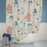 Indigo Ocean Red Fan Coral Jellyfish Octopus Shell Shower Curtain at Zazzle
