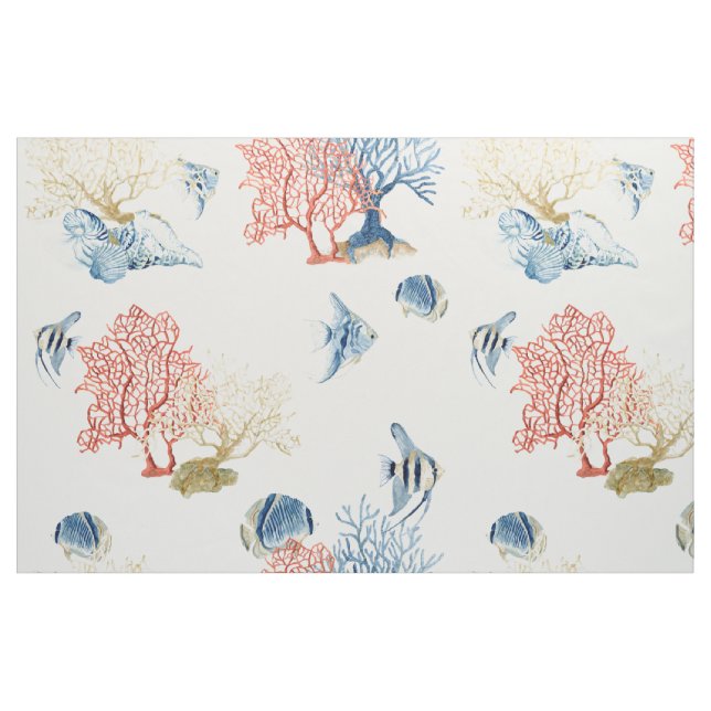 Indigo Ocean Red Fan Coral Tropical Fish Shells Fabric (Fat Quarter)