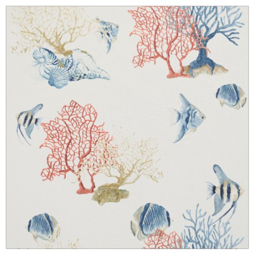 Indigo Ocean Red Fan Coral Tropical Fish Shells Fabric