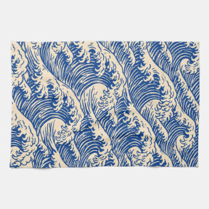 Indigo Ocean Waves on Warm Cream Kitchen Towel