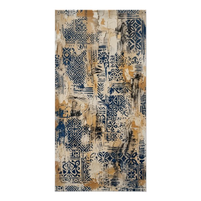 Indigo Ocher Distressed Pattern Wall Art Poster (Front)
