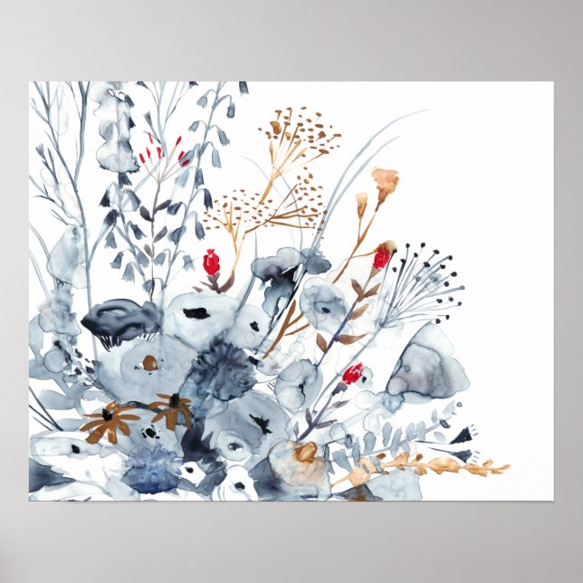 Indigo & Ocher - Watercolor Flowers Poster (Front)