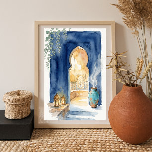 Indigo & Ochre Moroccan Hammam Watercolor Poster