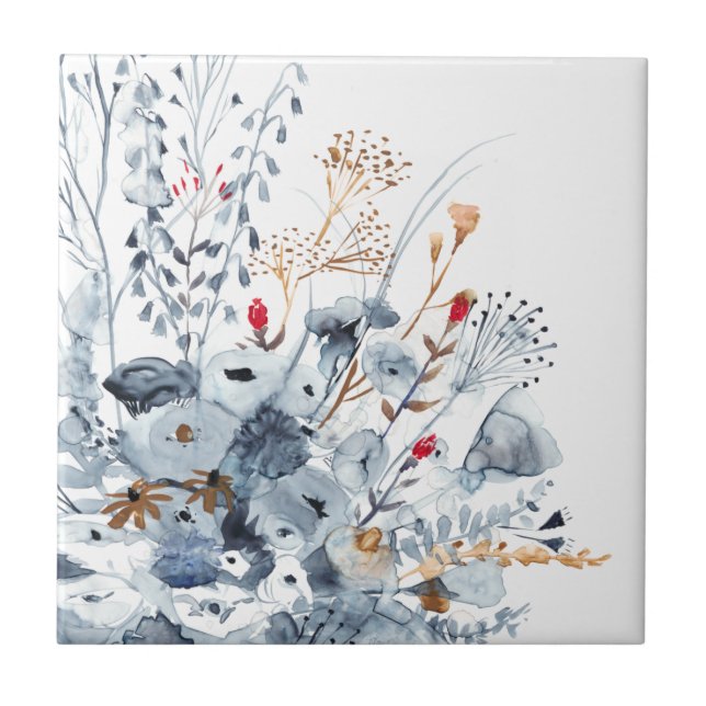 Indigo & Ochre - Watercolor Flowers Ceramic Tile (Front)