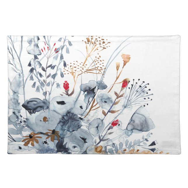 Indigo & Ochre - Watercolor Flowers Cloth Placemat (Front)