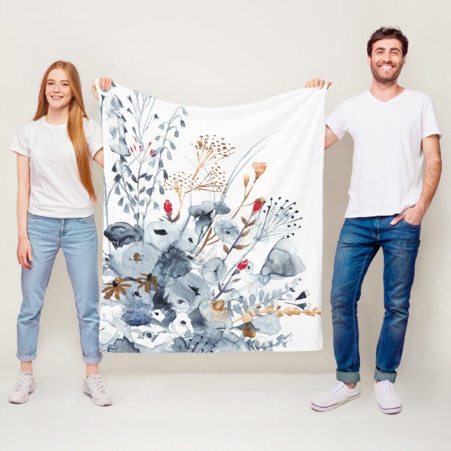 Indigo & Ochre - Watercolor Flowers Fleece Blanket (In Situ)
