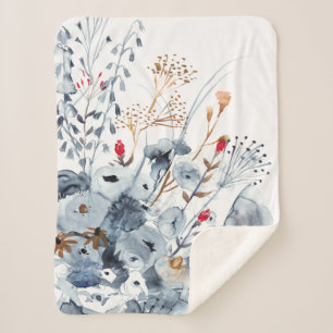 Indigo & Ochre - Watercolor Flowers Sherpa Blanket