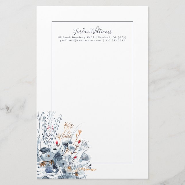 Indigo & Ochre - Watercolor Flowers Stationery (Front)