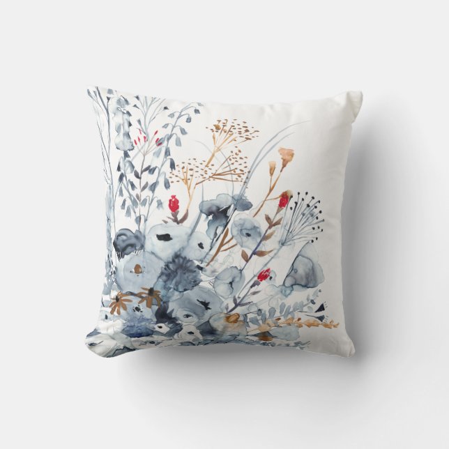 Indigo & Ochre - Watercolor Flowers Throw Pillow (Front)