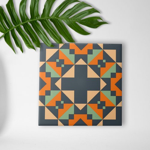 Indigo Orange Teal Beige Geometric Ethnic Tribal  Ceramic Tile