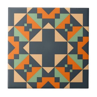 Indigo Orange Teal Beige Geometric Ethnic Tribal  Ceramic Tile