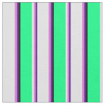 [ Thumbnail: Indigo, Orchid, Lavender, Green & Black Stripes Fabric ]