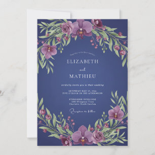 Indigo Orchid Wreath Wedding Invitation