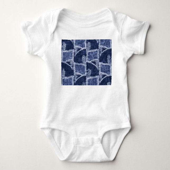Indigo Patchwork: Textured Checked Elegance Baby Bodysuit (Front)