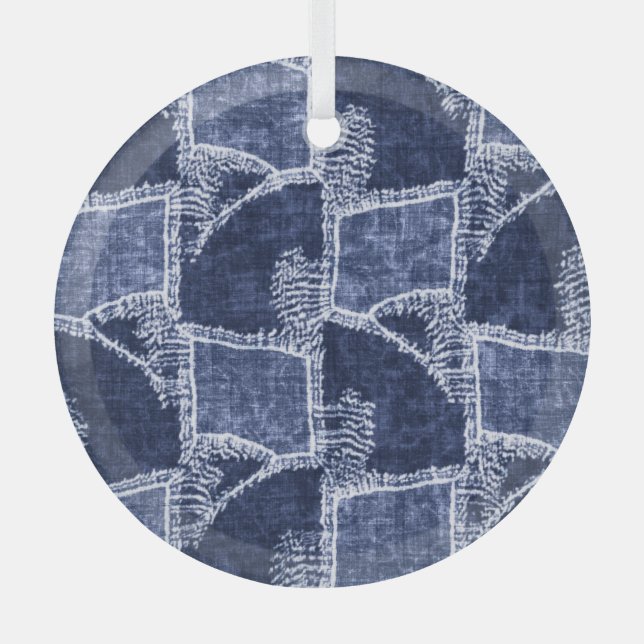 Indigo Patchwork: Textured Checked Elegance Glass Ornament (Front)