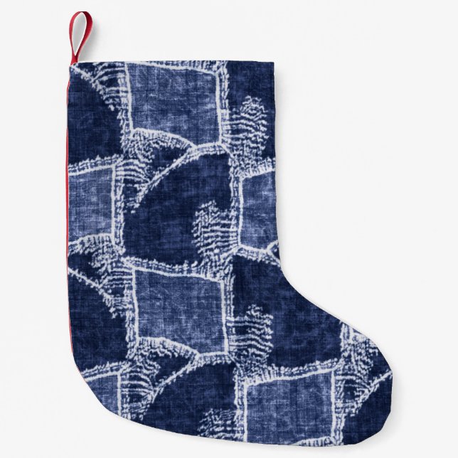 Indigo Patchwork: Textured Checked Elegance Small Christmas Stocking (Front)