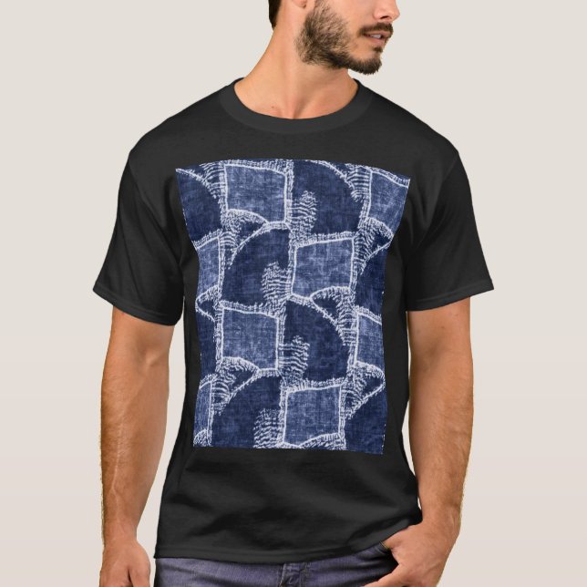 Indigo Patchwork: Textured Checked Elegance T-Shirt (Front)