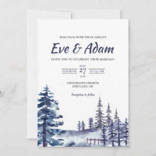Indigo Pine Fence Rustic Watercolor Winter Wedding Invitation