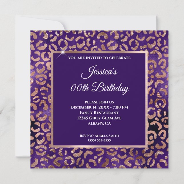 Indigo Purple and Rose Gold Leopard Foil Birthday Invitation (Front)