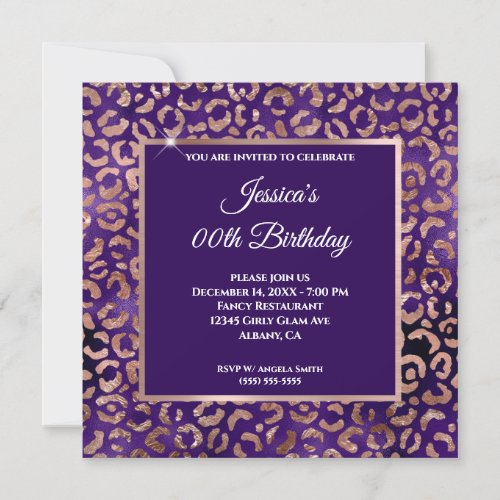 Indigo Purple and Rose Gold Leopard Foil Birthday Invitation