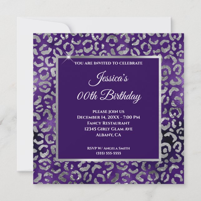 Indigo Purple and Silver Leopard Foil Birthday Invitation (Front)