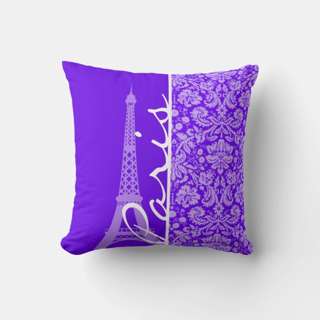 Indigo, Purple Damask; Paris; Eiffel Tower Throw Pillow (Front)
