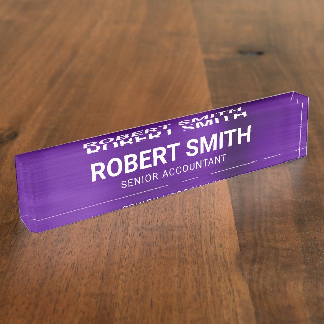 Indigo Purple Faux Brushed Metal Foil Desk Name Plate (Side)