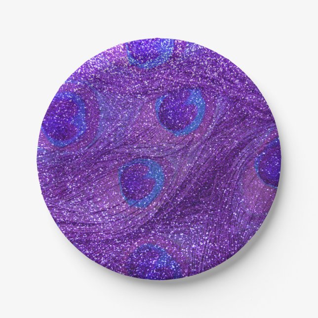 indigo purple glitter peacock feathers paper plates (Front)