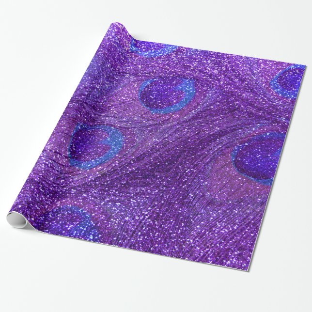 indigo purple glitter peacock feathers wrapping paper (Unrolled)
