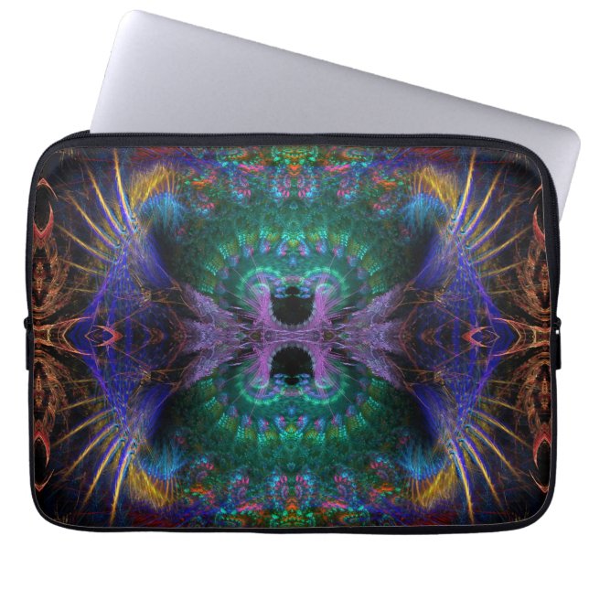 Indigo Purple Green Fractal Feather Laptop Sleeve (Front)