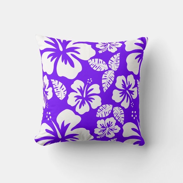 Indigo, Purple Hawaiian Tropical Hibiscus Throw Pillow (Front)