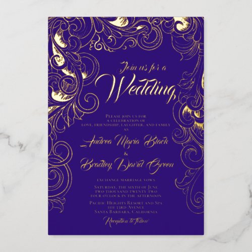 Indigo Purple Real Gold Foil Abstract Floral Foil Invitation