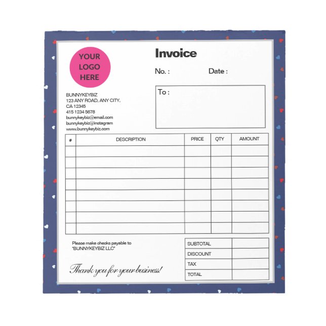 Indigo Red Heart Company Business Shop Invoice Notepad (Front)